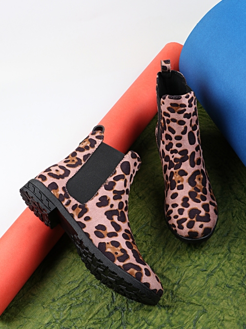 

Shoetopia Girls Pink & Brown Printed Block Heeled Boots