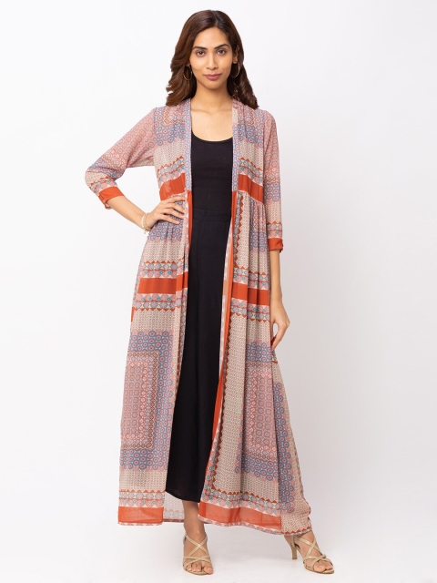 

Iti Women Coral & Blue Printed Longline Scarf Print Shrug