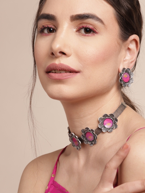 

Sangria Pink & Oxidised Silver-Toned Jewellery Set