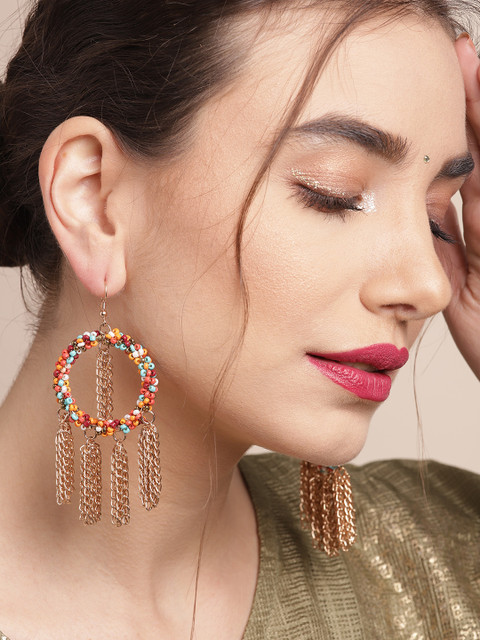 

Sangria Multicoloured Taselled Beaded Circular Drop Earrings, Multi