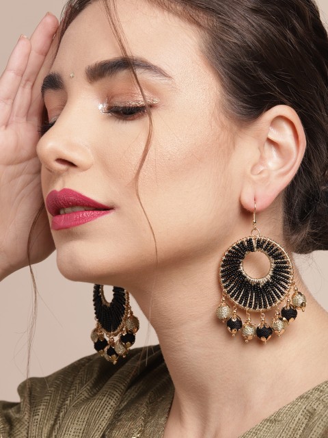 

Sangria Gold-Toned & Black Beaded Crescent Shaped Chandbalis