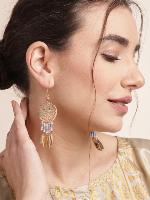 

Sangria Gold-Toned & Blue Beaded Tasseled Circular Drop Earrings
