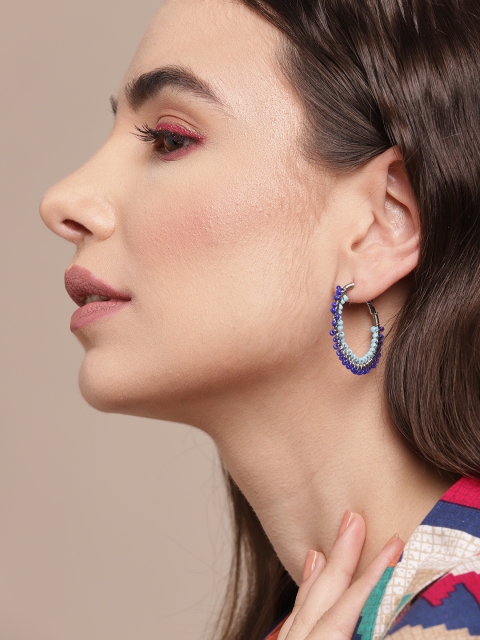 

Sangria Blue & Silver-Toned Beaded Circular Hoop Earrings