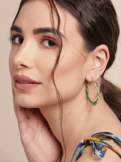 

Sangria Green & Silver-Toned Beaded Circular Hoop Earrings