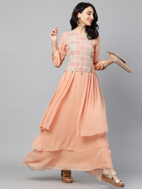 

FASHOR Peach-Coloured Checked Layered Georgette Maxi Dress