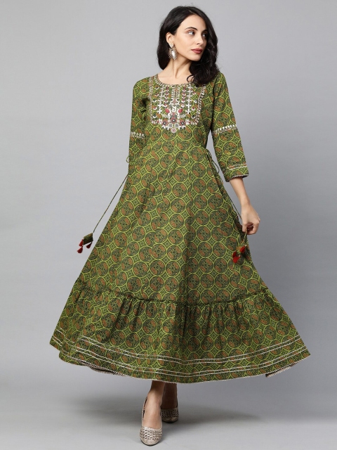 

FASHOR Green Cotton Ethnic Maxi Dress