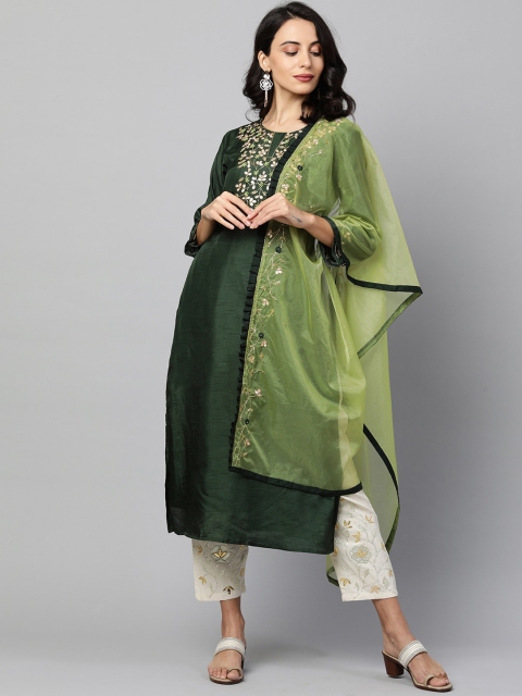 

FASHOR Women Green & White Floral Yoke Design Raw Silk Kurta & Dupatta