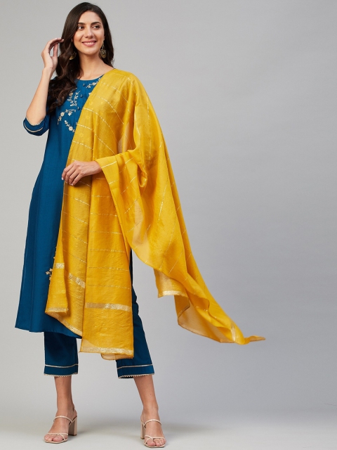 

VAABASTA Women Blue Floral Embroidered Kurta with Trousers & With Dupatta