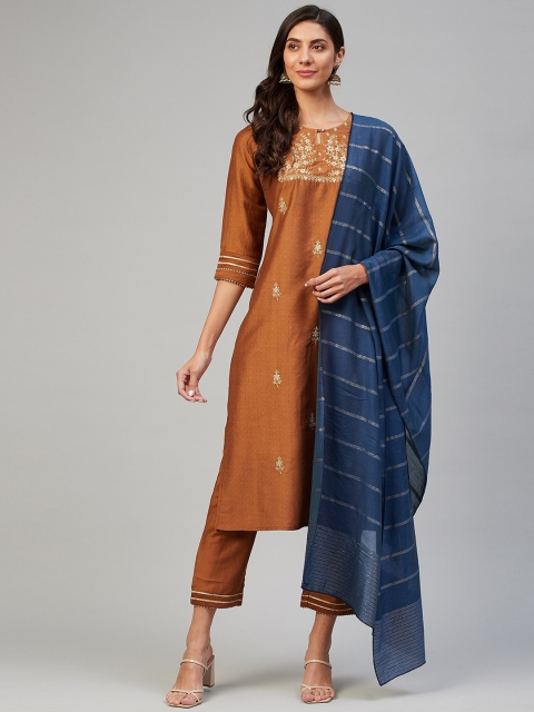 

VAABASTA Women Brown Embroidered Regular Kurta with Trousers & With Dupatta