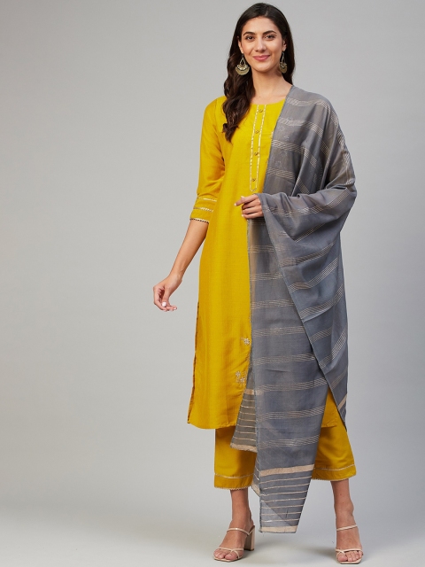 

VAABASTA Women Mustard Yellow & Grey Regular Kurta With Trousers & Dupatta