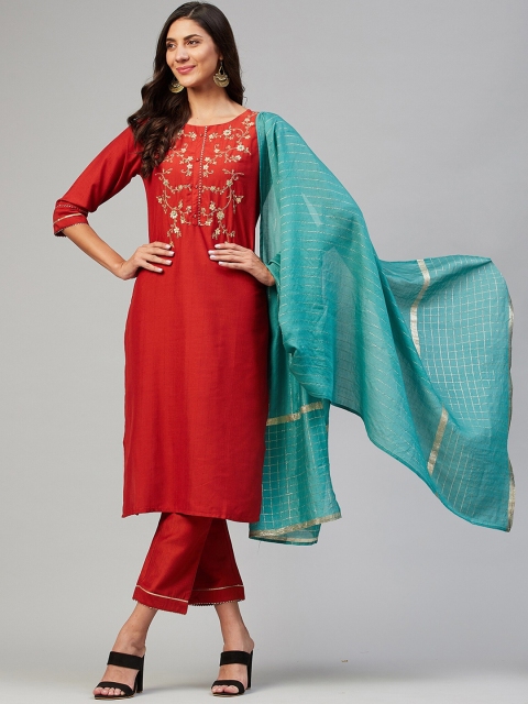 

VAABASTA Women Red Floral Yoke Design Regular Kurta with Trousers & With Dupatta