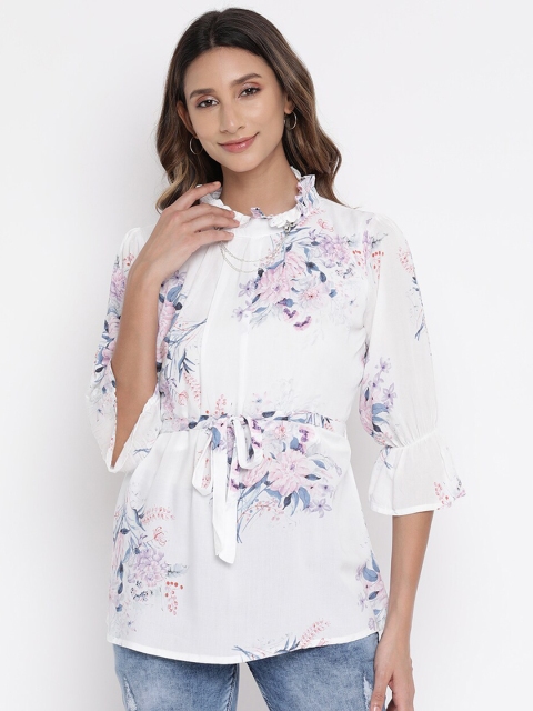 

V2 Value & Variety White & Blue Floral Printed Regular Top