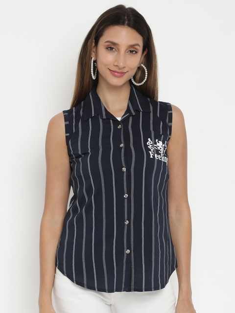 

V2 Value & Variety Navy Blue Striped Pure Cotton Shirt Style Top