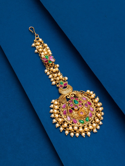 

aadita Gold-Plated & Pink Kundan-Studded & Peals Beaded Peacock Shaped Maang Tikka