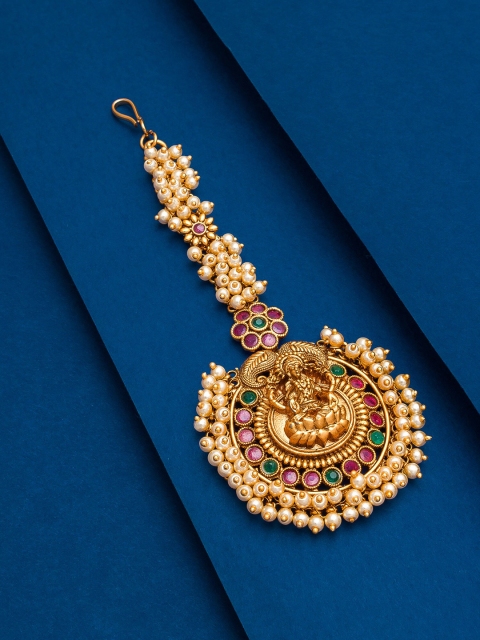 

aadita Gold-Plated & Pink Kundan-Studded & Peals Beaded Maang Tikka