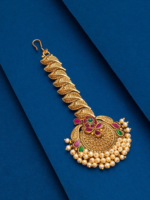 

aadita Gold-Plated Kundan & Pearl Studded Maang Tikka