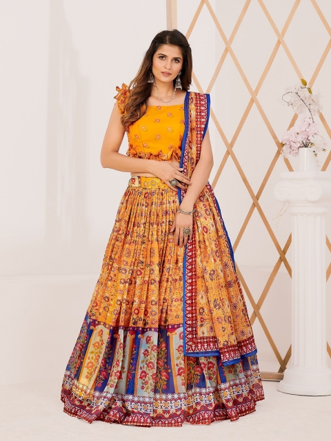 

SHOPGARB Yellow & Blue Printed Semi-Stitched Lehenga & Unstitched Blouse With Dupatta