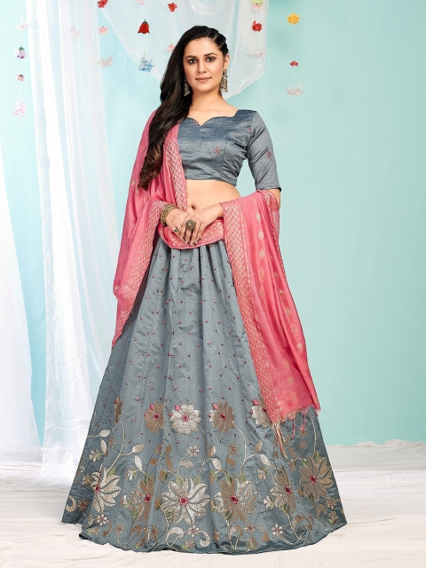

SHOPGARB Grey & Pink Embroidered Semi-Stitched Lehenga & Unstitched Blouse With Dupatta