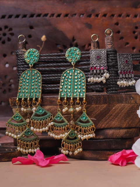 

DIVA WALK Teal & Gold-Toned Contemporary Jhumkas Earrings