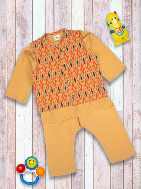 

MeeMee Boys Beige Printed Regular Pure Cotton Kurta with Pyjamas & Nehru Jacket
