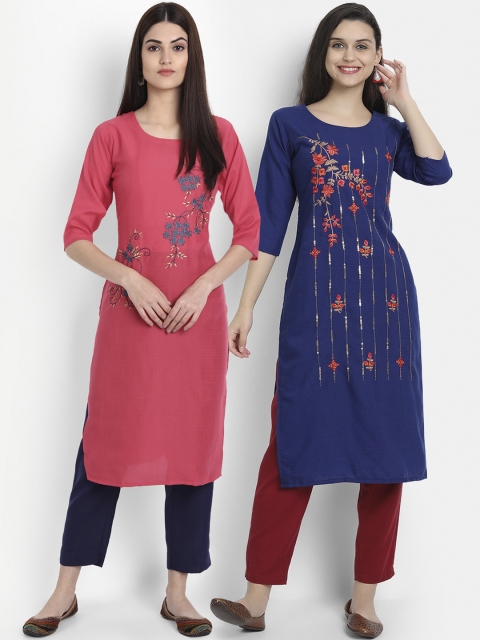 

7Threads Women Pack Of 2 Floral Embroidered Kurtas, Fuchsia