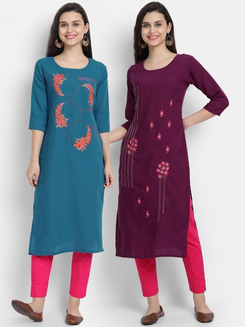 

7Threads Women Pack Of 2 Blue & Burgundy Floral Embroidered Thread Work Kurta