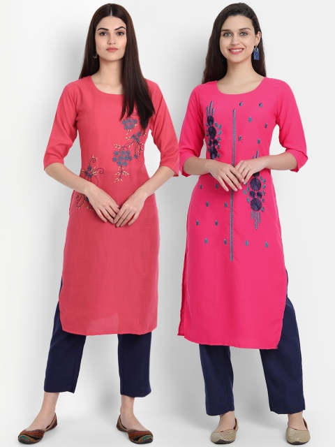 

7Threads Women Pack Of 2 Pink Floral Embroidered Kurta