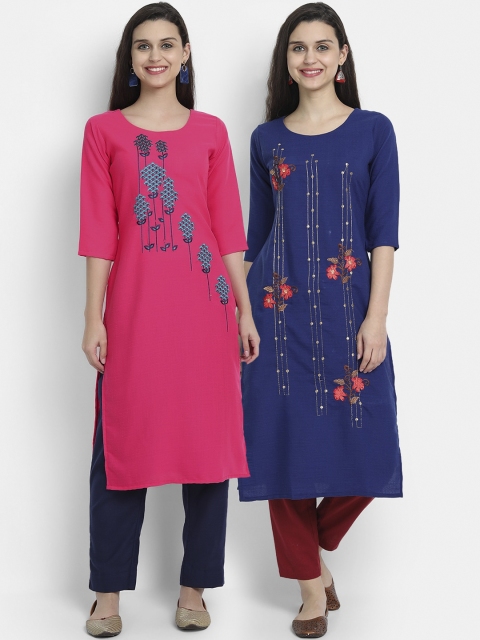 

7Threads Women Pack Of 2 Pink & Blue Floral Embroidered Cotton Kurta