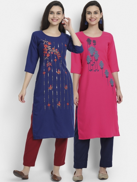 

7Threads Women Pack Of 2 Blue & Pink Floral Embroidered Thread Work Kurta