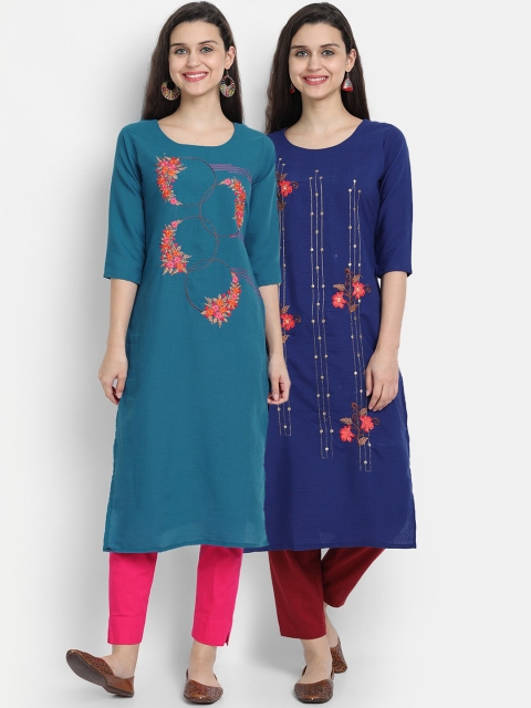 

7Threads Women Pack Of 2 Multicoloured Floral Embroidered Thread Work Kurta, Multi