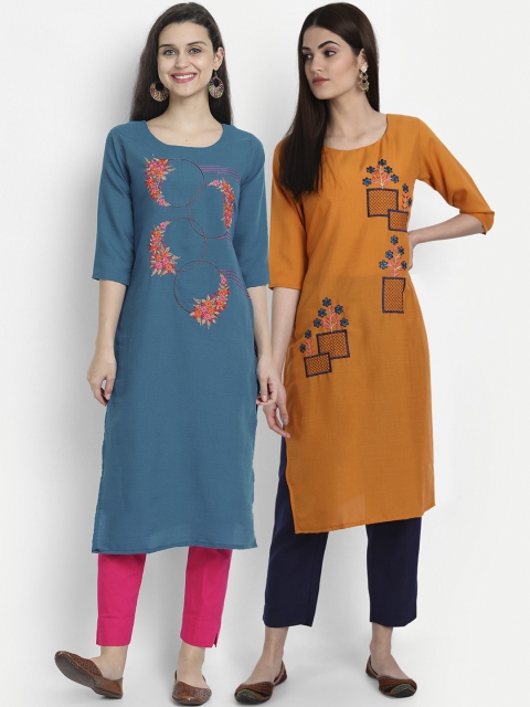

7Threads Women Pack of 2 Mustard Yellow & Teal Floral Embroidered Thread Work Kurta