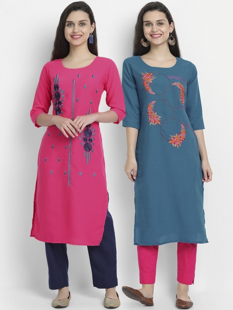 

7Threads Women Pink & Blue Set Of 2 Quirky Embroidered Thread Work Kurta, Multi