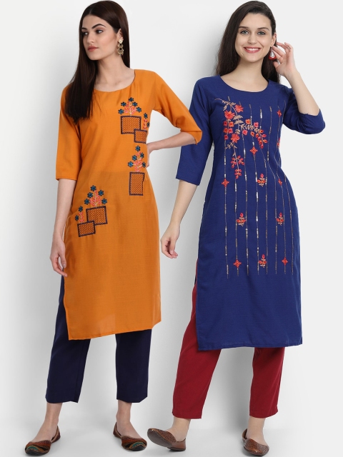 

7Threads Women Multicoloured Pack of 2 Cotton Embroidered Straight Kurta, Multi