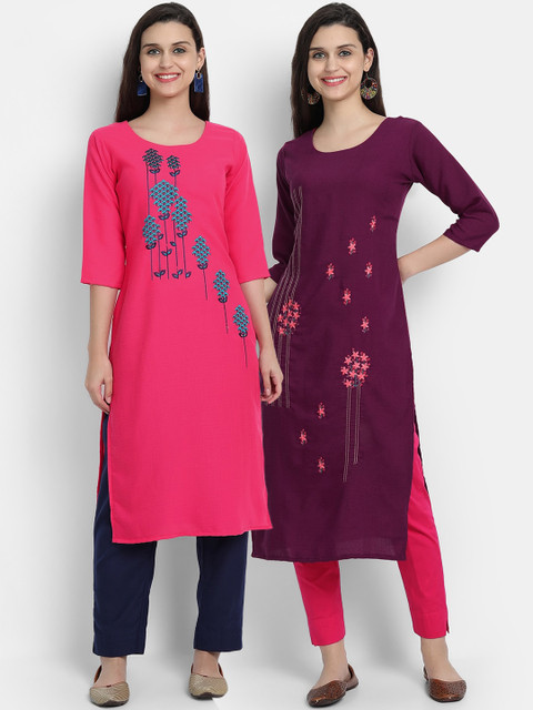 

7Threads Women Multicoloured Pack of 2 Cotton Embroidered Straight Kurta, Multi