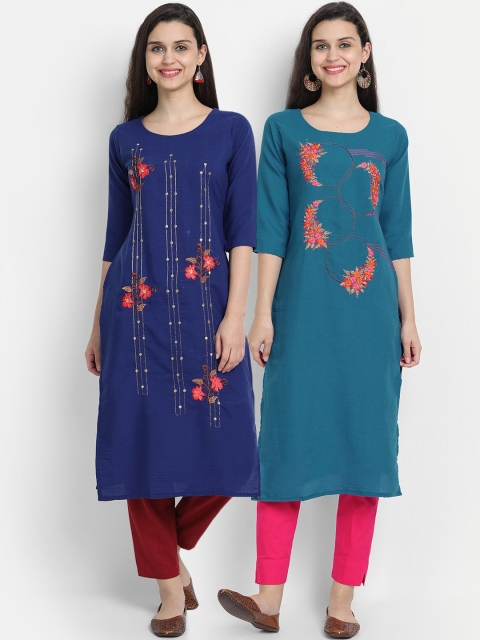 

7Threads Women Pack Of 2 Embroidered Straight Kurta, Blue