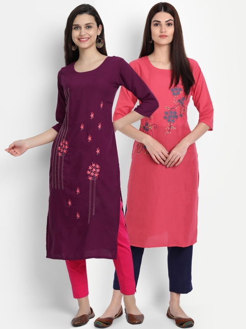 

7Threads Women Pack Of 2 Purple & Pink Floral Embroidered Kurta
