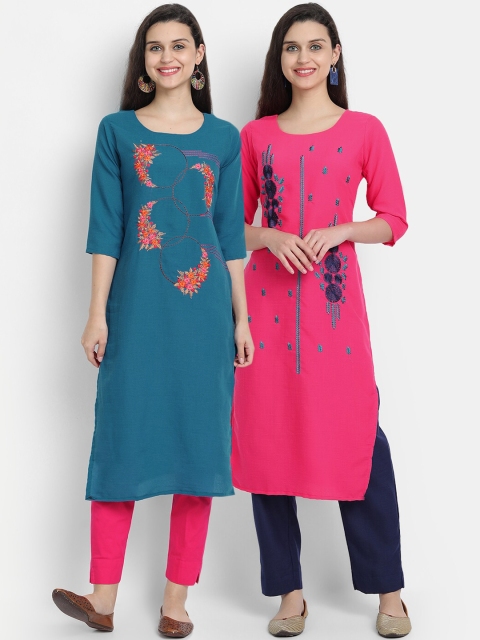 

7Threads Women Pack of 2 Pink & Teal Blue Embroidered Straight Kurta