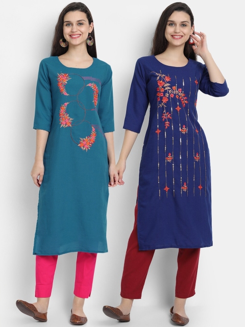 

7Threads Women Pack Of 2 Blue & Pink Floral Embroidered Thread Work Kurta