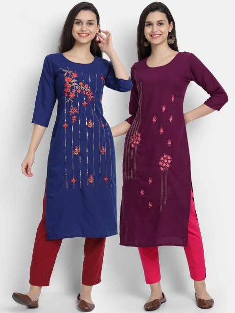 

7Threads Women Pack Of 2 Navy Blue & Purple Floral Embroidered Kurta
