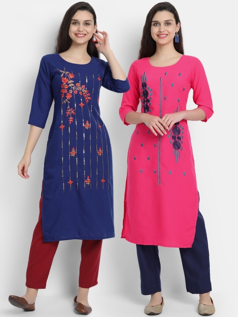 

7Threads Women Pack of 2 Embroidered Thread Work Kurta, Blue