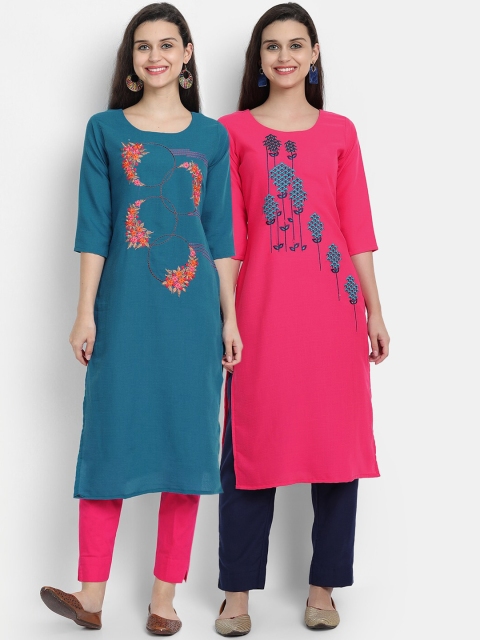 

7Threads Women Pack of 2 Embroidered Kurta, Pink