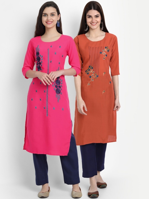 

7Threads Women Pack Of 2 Floral Embroidered Thread Work Kurta, Pink