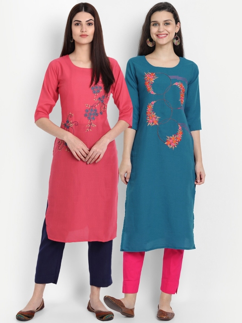 

7Threads Women Multicoloured Pack of 2 Cotton Embroidered Straight Kurta, Multi