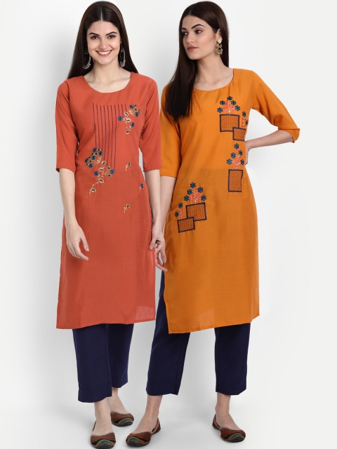 

7Threads Women Pack Of 2 Embroidered Straight Kurta, Mustard