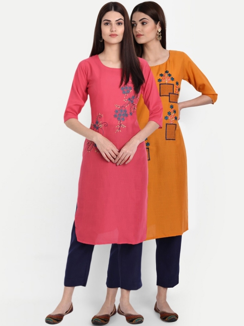 

7Threads Women Pack Of 2 Floral Embroidered Kurtas, Pink