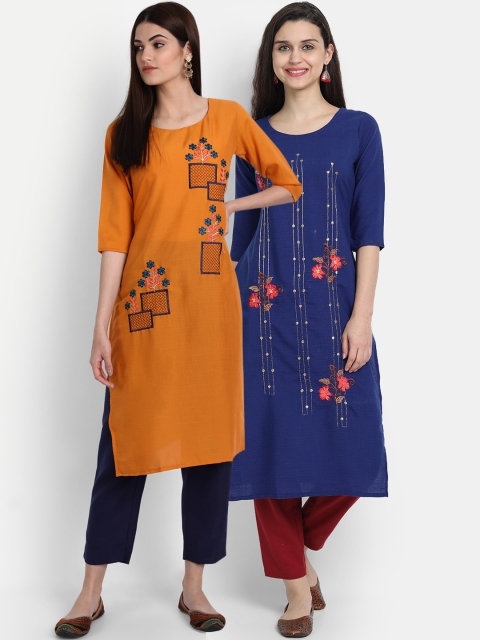 

7Threads Women Pack Of 2 Mustard Yellow & Navy Blue Embroidered Kurtas