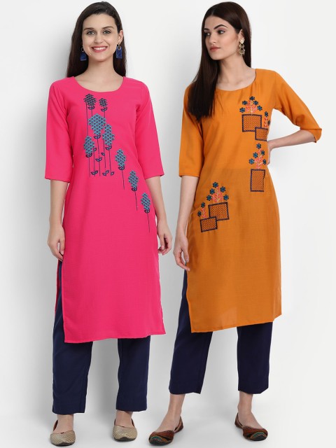 

7Threads Women Pack Of 2 Pink & Mustard Yellow Floral Embroidered Kurta