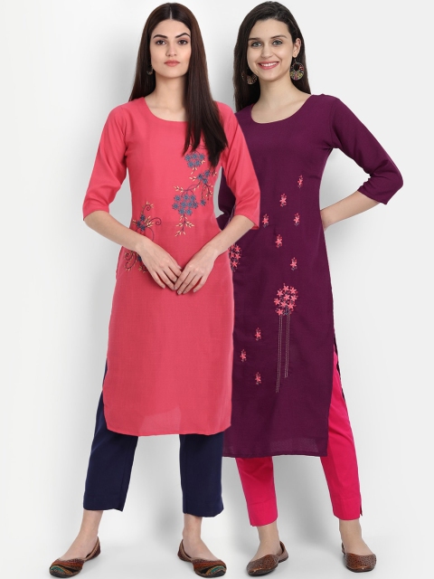 

7Threads Women Pack Of 2 Multicoloured Floral Embroidered Kurta, Multi