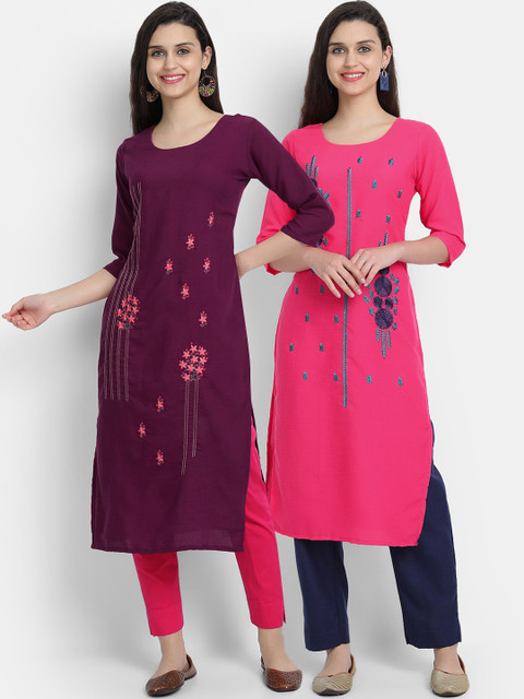 

7Threads Women Pack of 2 Multi Embroidered Straight Kurta