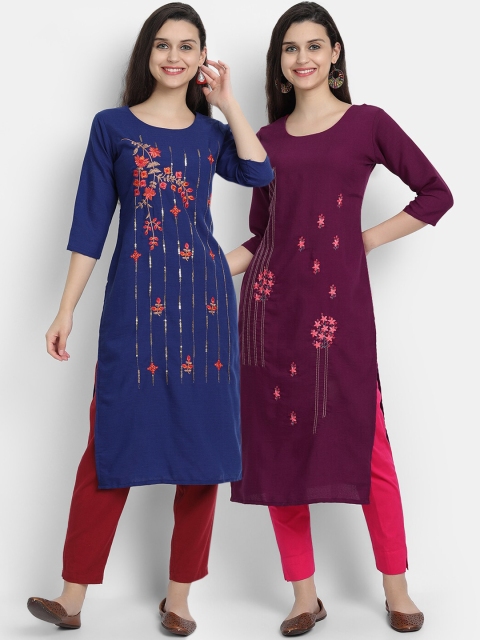 

7Threads Women Pack Of 2 Navy Blue & Burgundy Floral Embroidered Thread Work Kurta